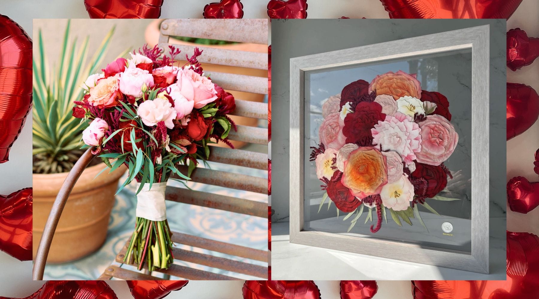 Transform Your Valentine's Day Bouquet Into A Lasting Keepsake With Floral Preservation. Side-By-Side Comparison Of A Fresh Red And Pink Bouquet And Its Stunning Preserved Bouquet Version In A Floating Frame. - dbandrea