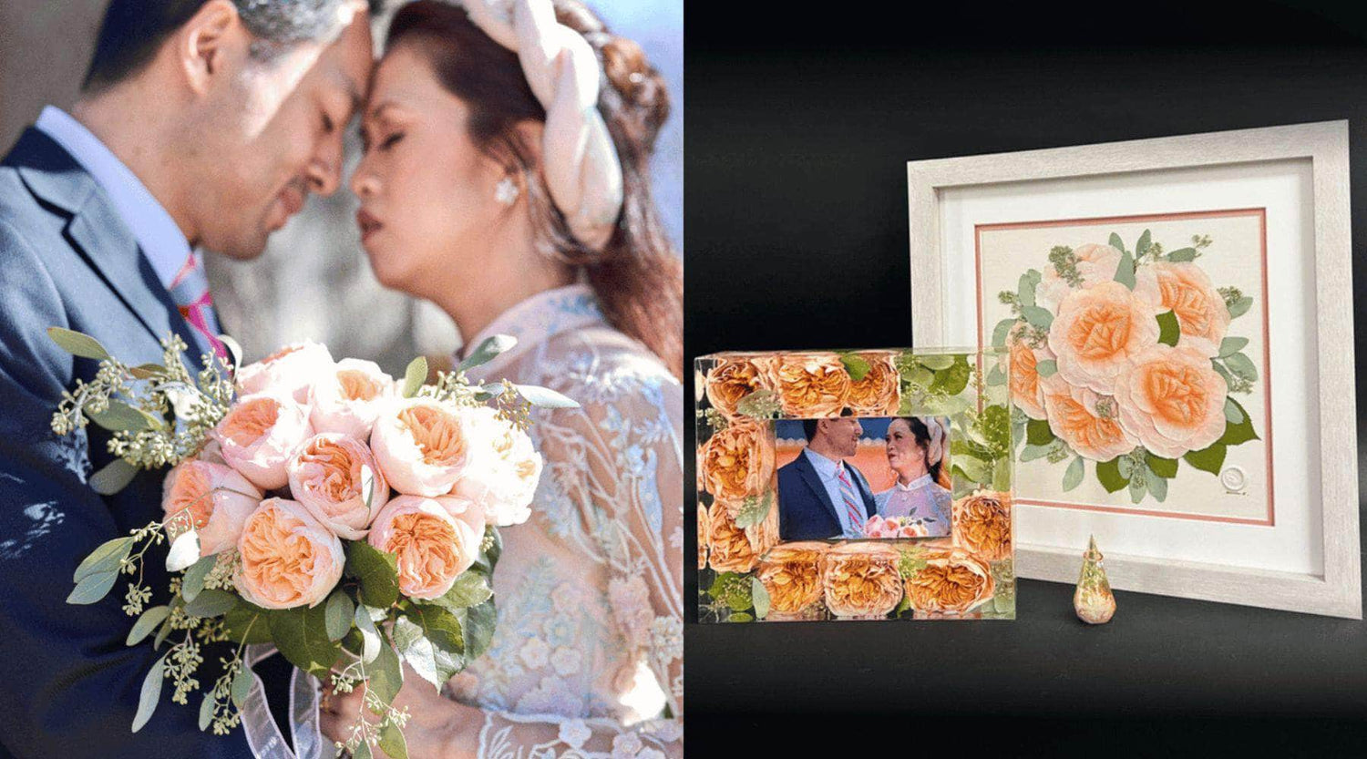 Wedding Bouquet Preservation Set Featuring A Pressed Floral Frame, Floral Block Frame, And Keepsake Ornament. Showcasing Blush Peach Garden Roses And Eucalyptus, This Custom Floral Bouquet Preservation Captures Special Memories Forever - dbandrea